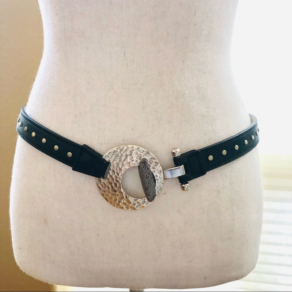 Leather Studded Adjustable Belt With Hammered Metal Buckle Size S/M
